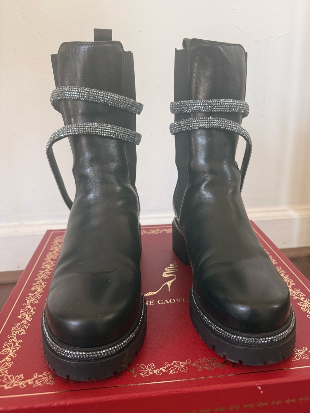 Rene Caovilla Cleo Crystal Snake Strap Combat Boots Black Leather EU 38